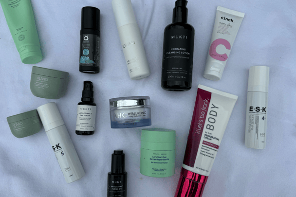 Beauty writer Teresa McNamara shared a picture of the skincare products she uses in her routine, including ESK serums, Mukti Face Oil, ALPHA-H and Cinch.
