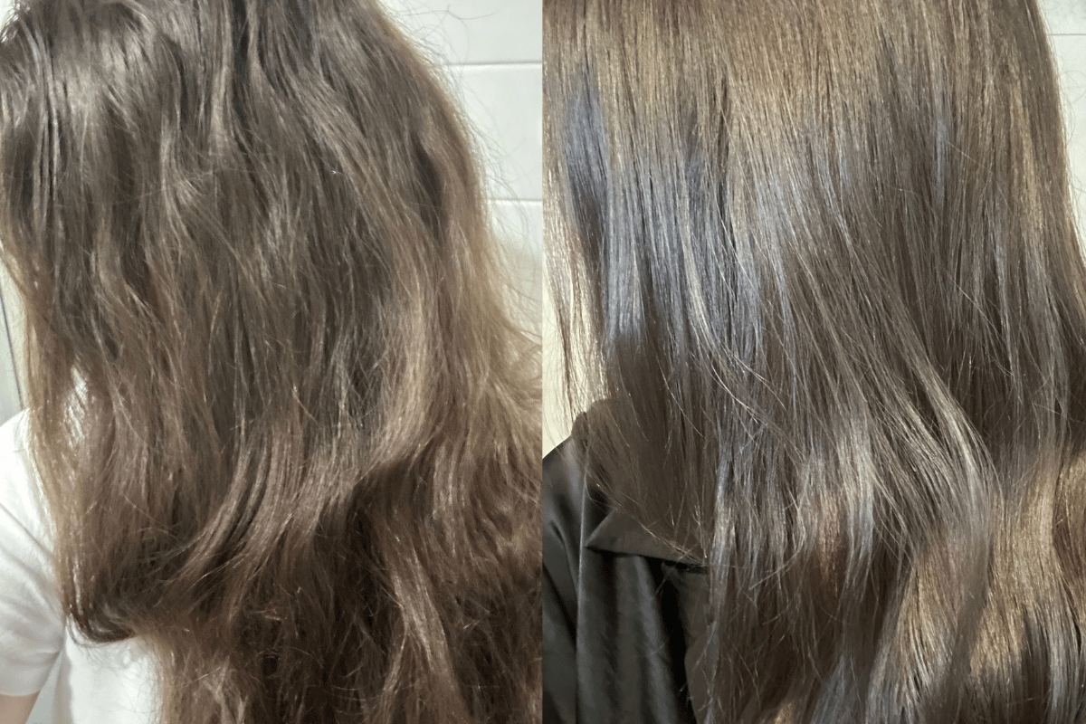 A before and after picture of brown hair using Hairification hair mask.