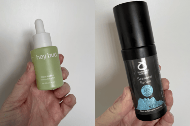 Hey Bud Glow Addict Hemp Seed Face Oil and Harmony Harvest Seaweed Serum.