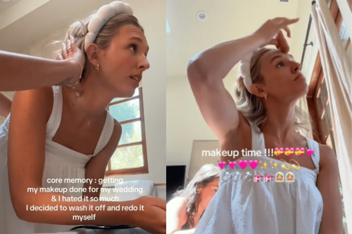 Bride Lauren Avery is pictured before taking off her makeup and reapplying it.