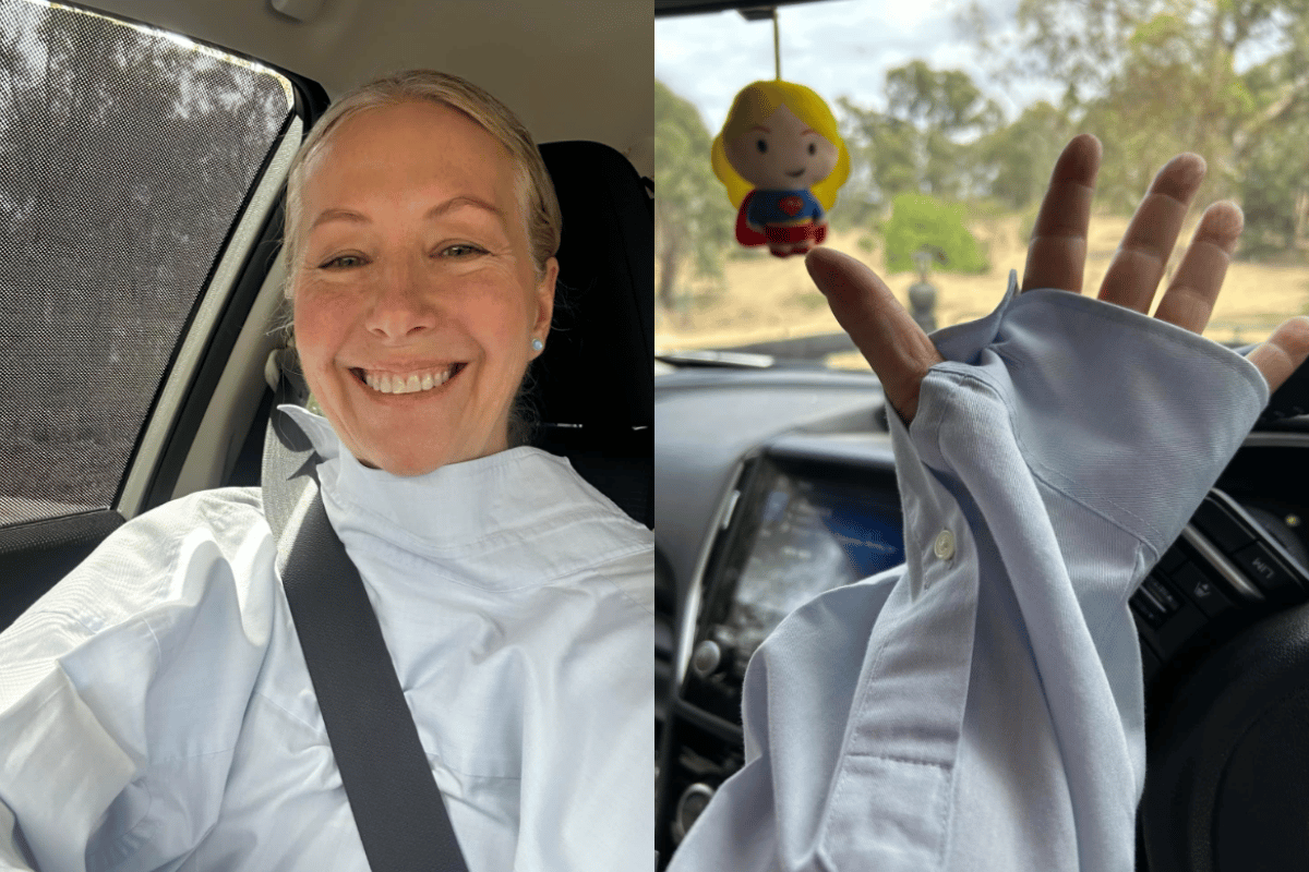 You Beauty Facebook member Denise Pitcher Clark shows off her $1 shirt hack for sun protection while driving.
