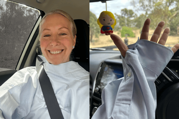 You Beauty Facebook member Denise Pitcher Clark shows off her $1 shirt hack for sun protection while driving.
