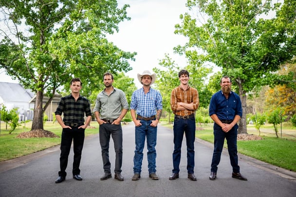Farmer Wants A Wife 2026 farmers Alex, Jarrad, Dylan, Zac and Jason. Image: Channel Seven.