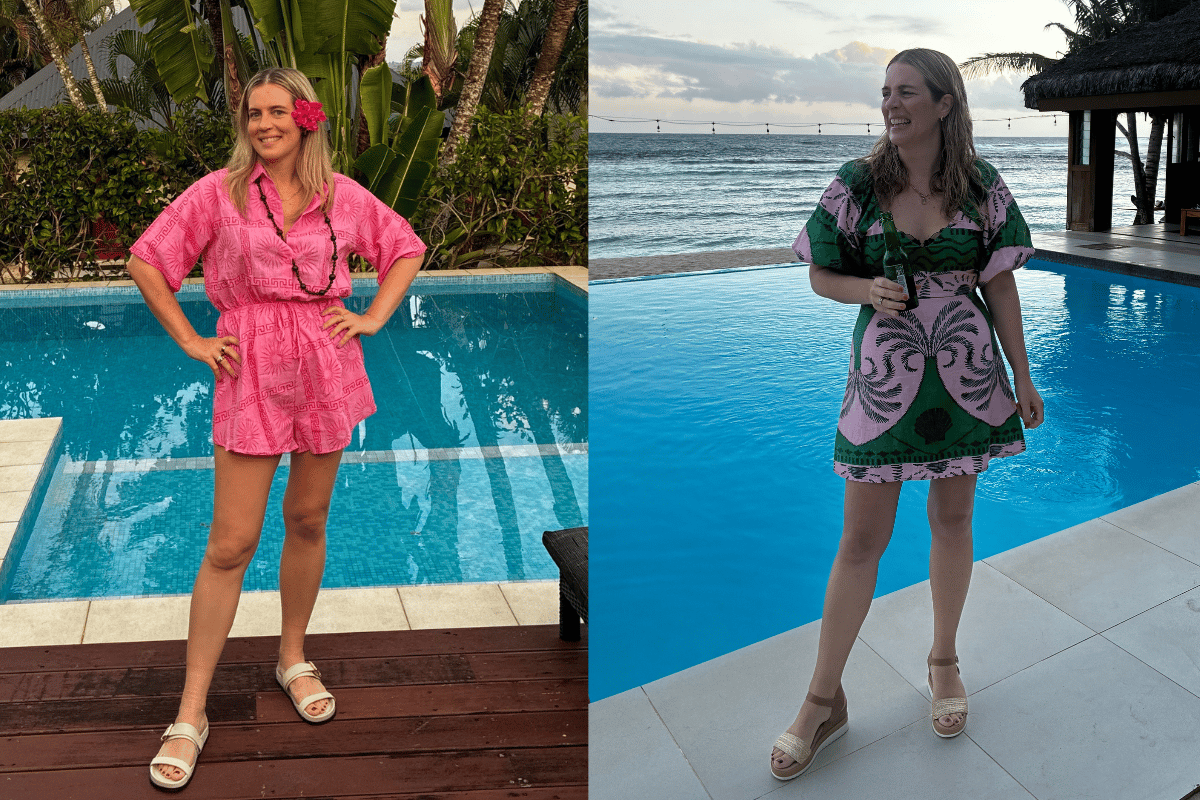 woman wearing pink playsuit and green tropical dress