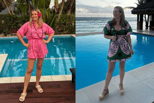 woman wearing pink playsuit and green tropical dress