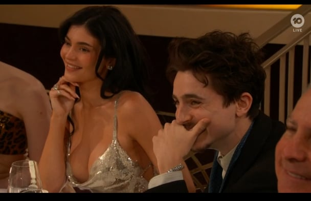 Kylie Jenner and Timothée Chalamet at the 2025 Golden Globes. Source: Getty.