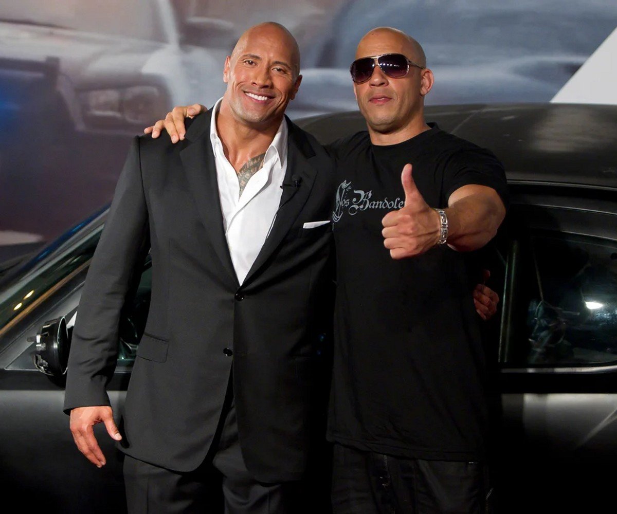 Dwayne Johnsonand Vin Diesel pose for photographers during the premiere of the movie 