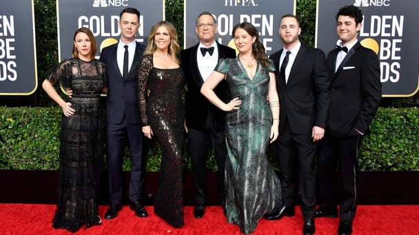 Samantha Bryant, Colin Hanks, Rita Wilson, Tom Hanks, Elizabeth Ann Hanks, Chet Hanks, and Truman Theodore Hanks attend the 77th Annual Golden Globe Awards 