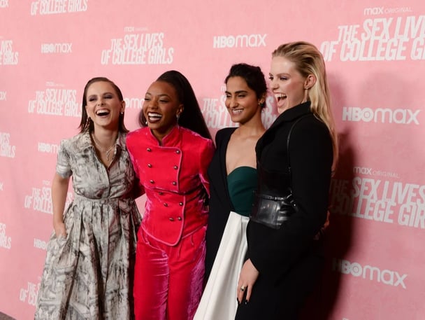 Pauline Chalamet, Alyah Chanelle Scott, Amrit Kaur and Renee Rapp attend the LA Premiere of 'The Sex Lives Of College Girls'.