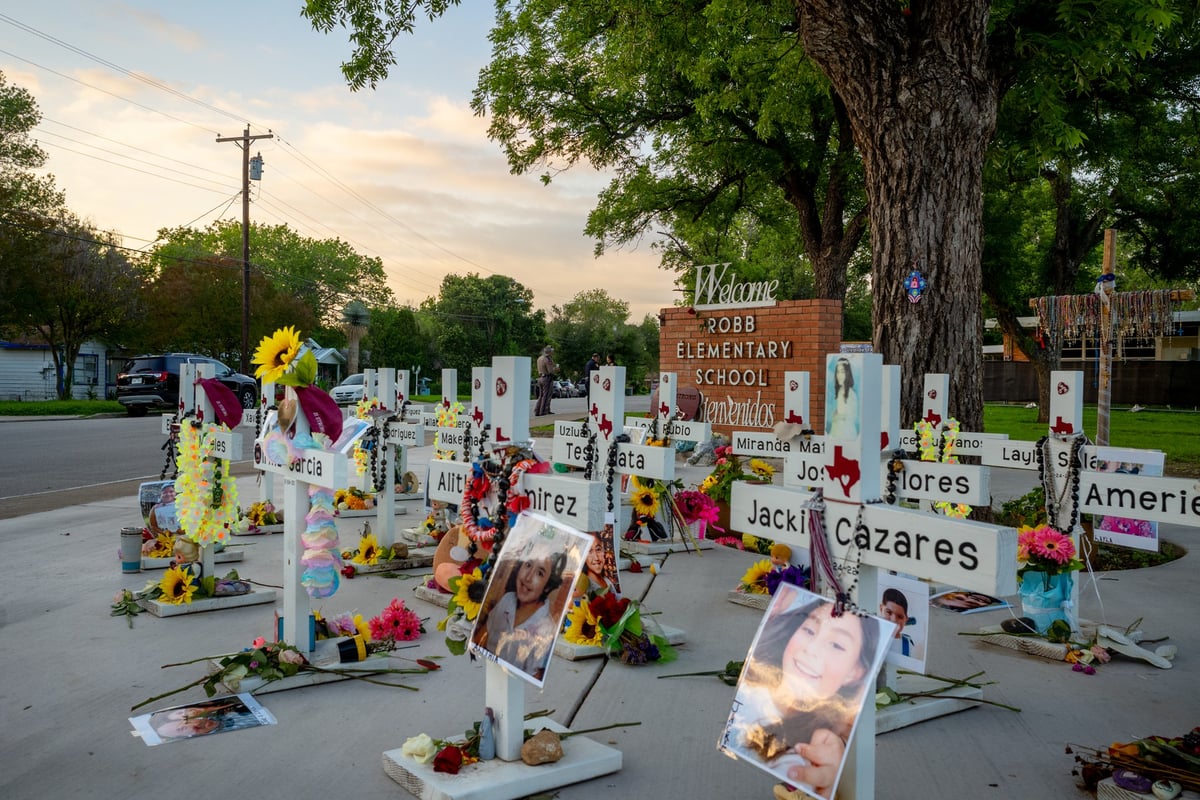 A memorial dedicated to the 19 children and two adults murdered on May 24, 2022 during the mass shooting at Robb Elementary School in Uvalde, Texas.