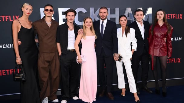 Mia Regan, Romeo Beckham, Cruz Beckham, Harper Beckham, David Beckham, Victoria Beckham, Brooklyn Beckham and Nicola Peltz attend the Netflix 'Beckham' UK Premiere