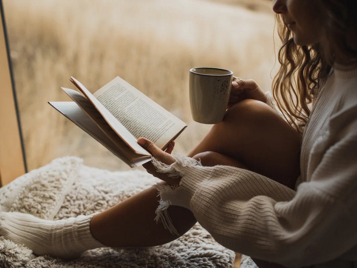 Close up picture of book and coffee cup in woman hands. 