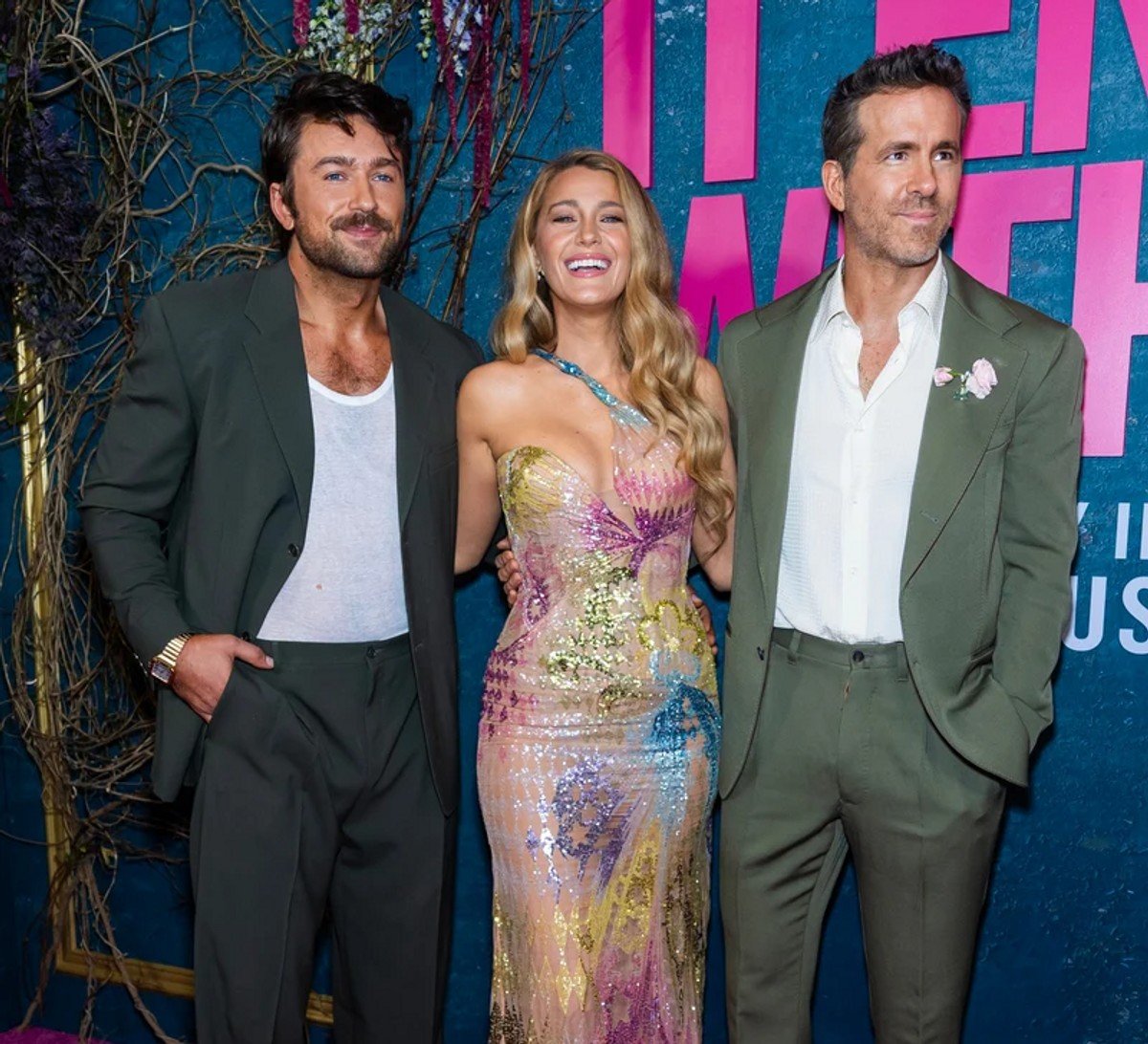 Brandon Sklenar posed with Blake Lively and Ryan Reynolds at the New York premiere. 