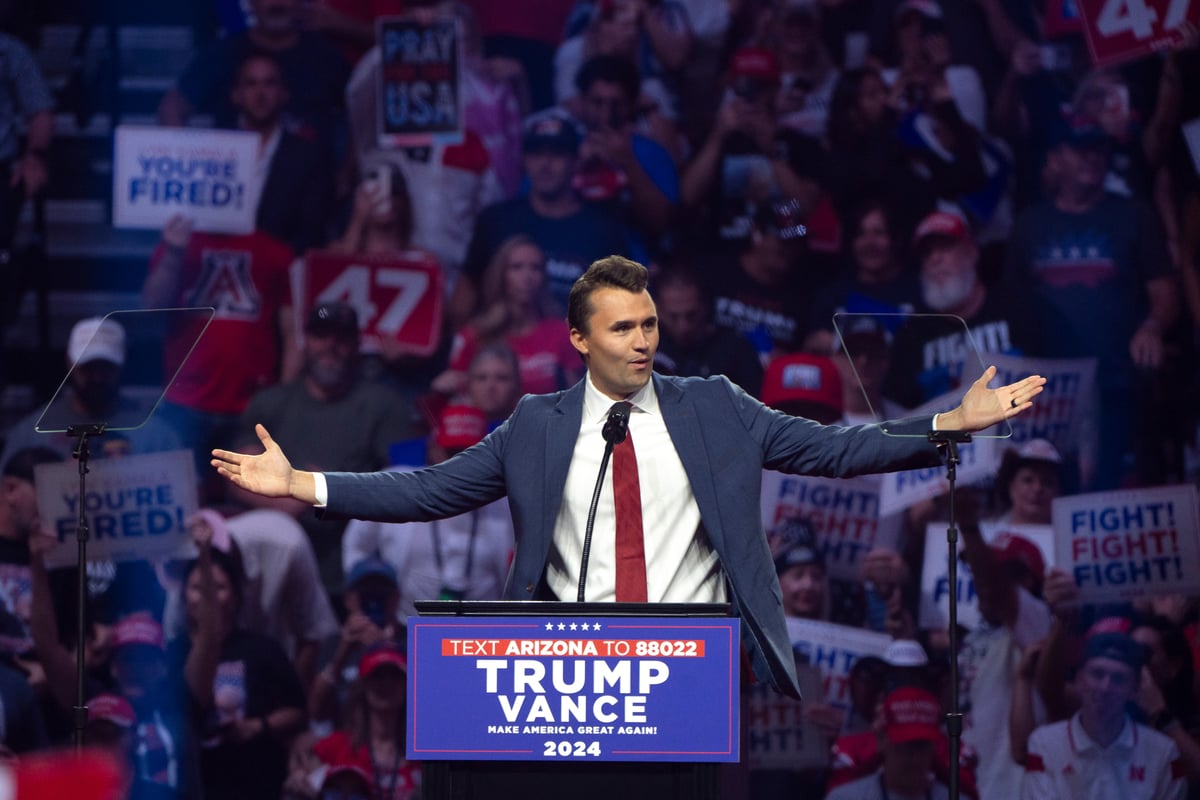 Charlie Kirk speaks during a campaign rally for Republican presidential nominee, former U.S. President Donald Trump.