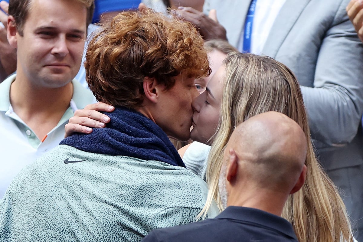 Jannik Sinner celebrates his US Open win with his girlfriend Anna Kalinskaya. 