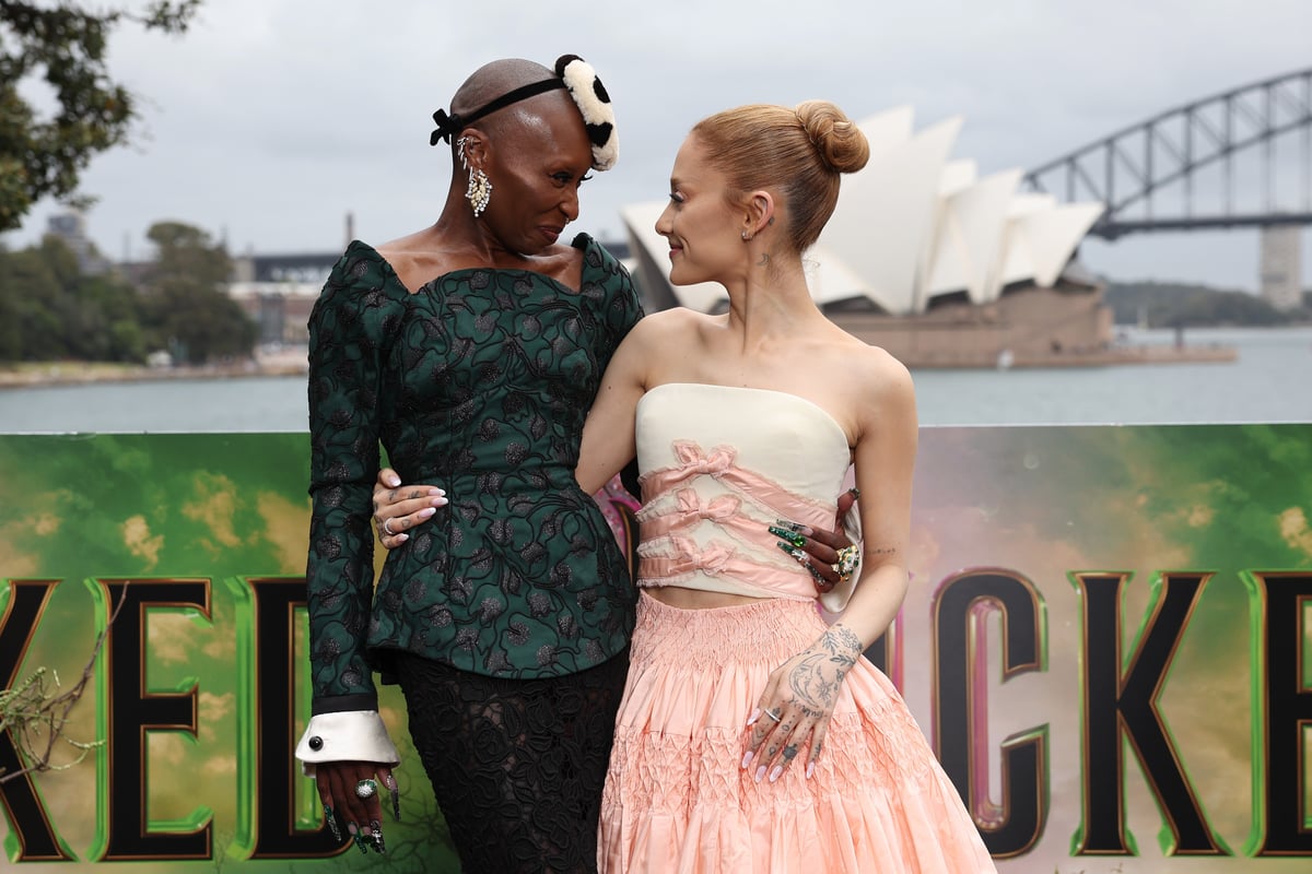 Cynthia Erivo and Ariana Grande promoting Wicked in Sydney Australia. Image: Getty. 