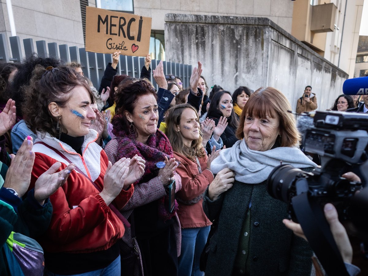 Gisèle Pelicot faces French court, flanked by supporters.