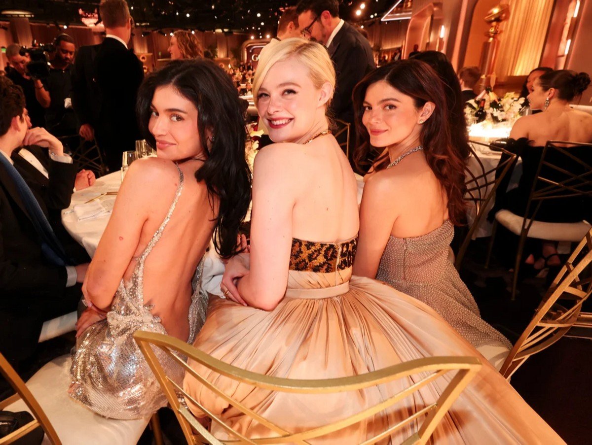 Kylie Jenner, Elle Fanning and Monica Barbaro at the Golden Globes. 