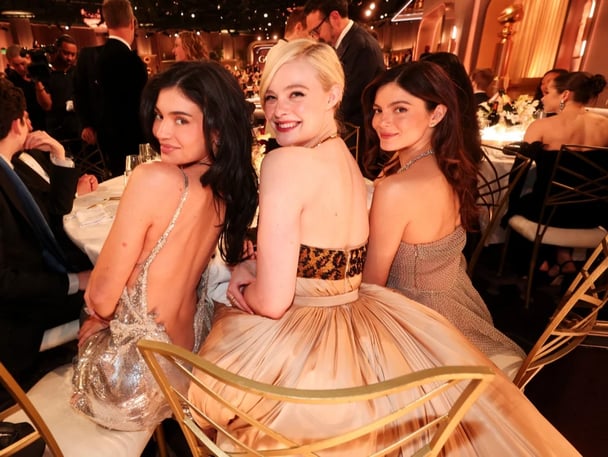 Kylie Jenner, Elle Fanning and Monica Barbaro at the Golden Globes.