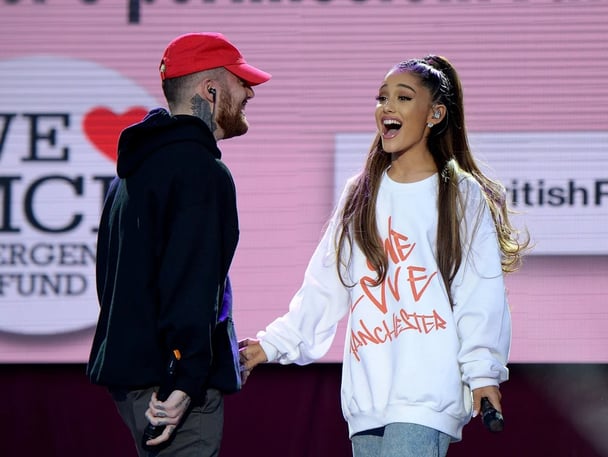 Mac Miller and Ariana Grande perform on stage during the One Love Manchester Benefit Concert at Old Trafford Cricket Ground 