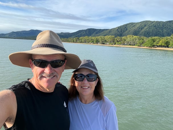 Selfie of Leonie and her husband at the beach.