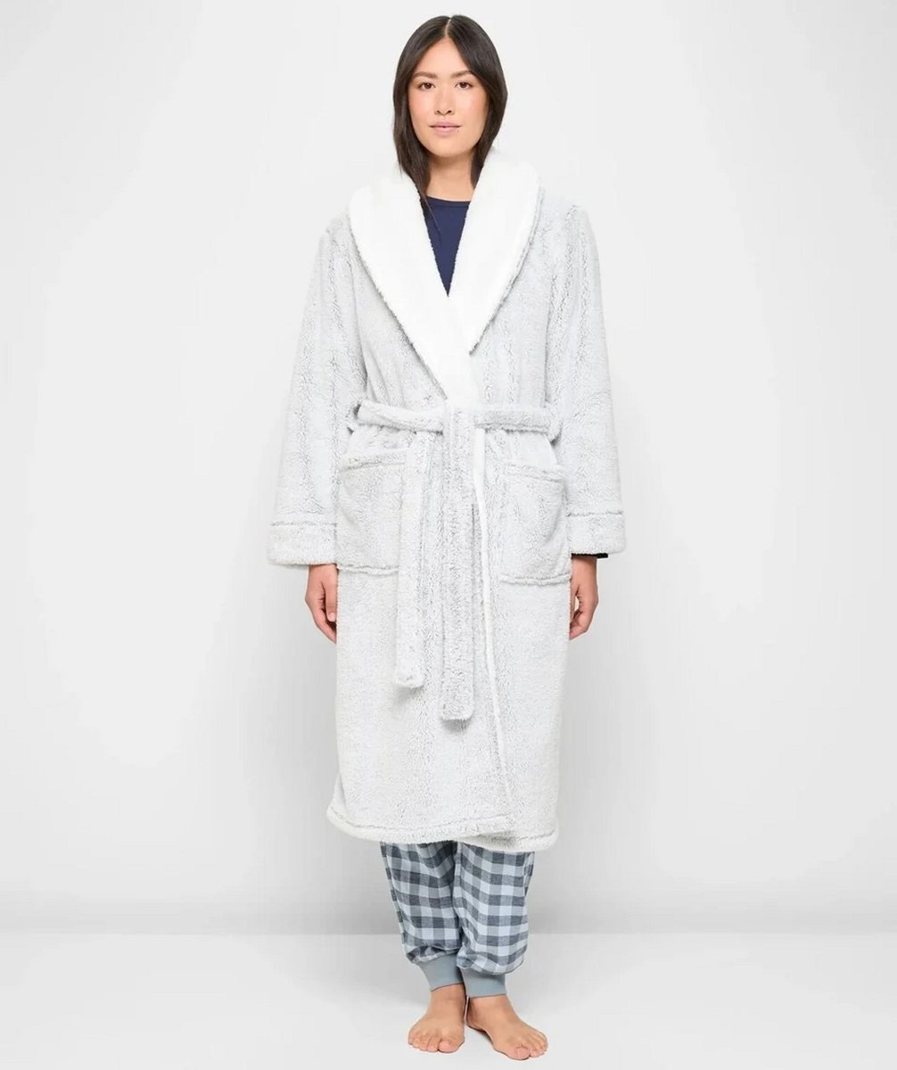 woman wearing a grey dressing gown