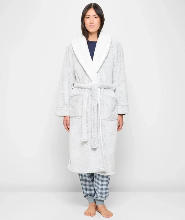 woman wearing a grey dressing gown