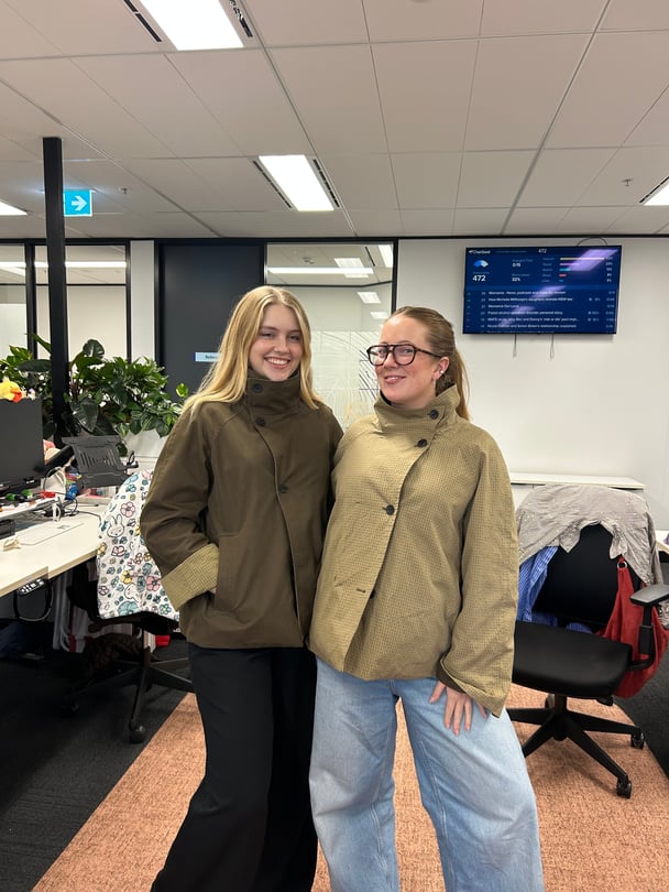 Madi and Lucy both wearing either side of the jacket.