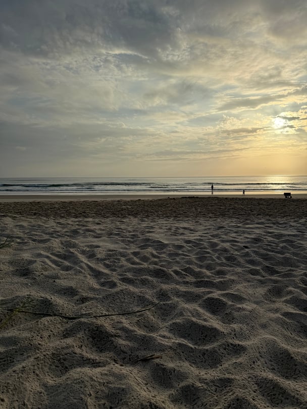 A sandy beach at sunset.