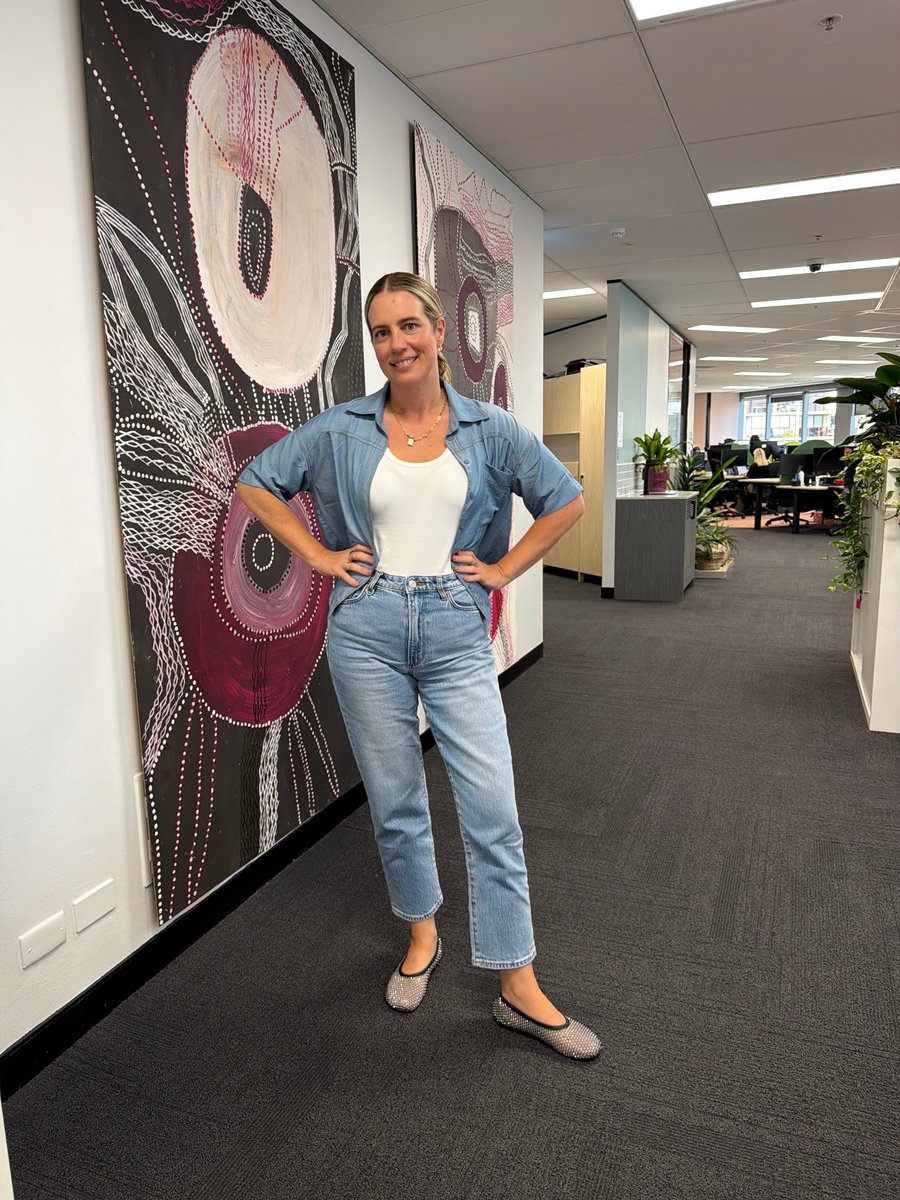 Straight leg blue jeans are trending now.