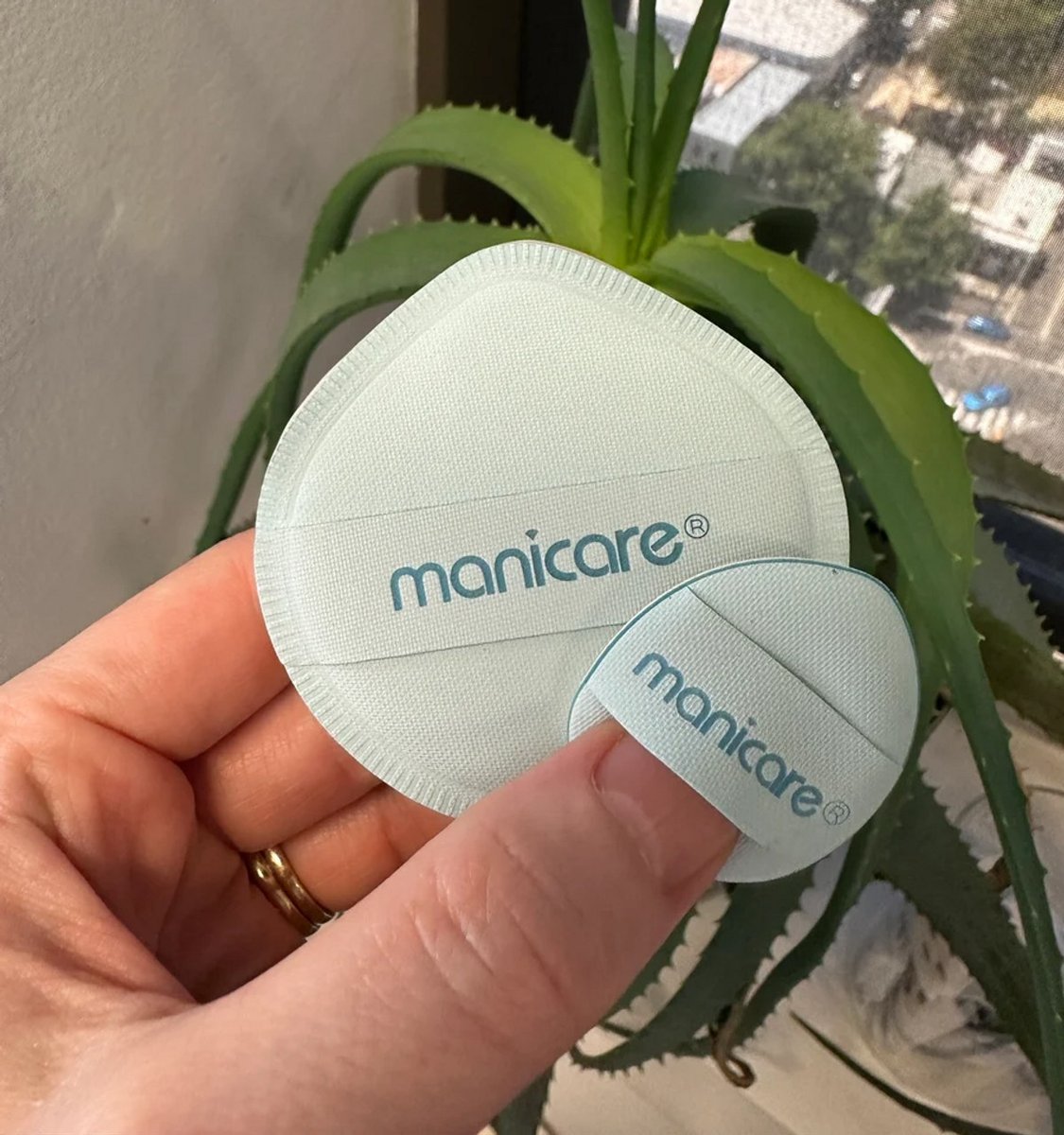 A hand holding Manicare Air Cushion Sponge Duo in front of a plant.