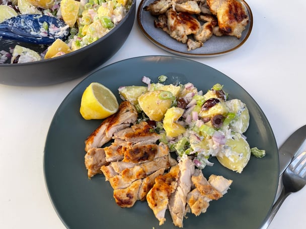 A plated QuiteLike recipe, Chicken with Crunchy Celery Potato Salad.