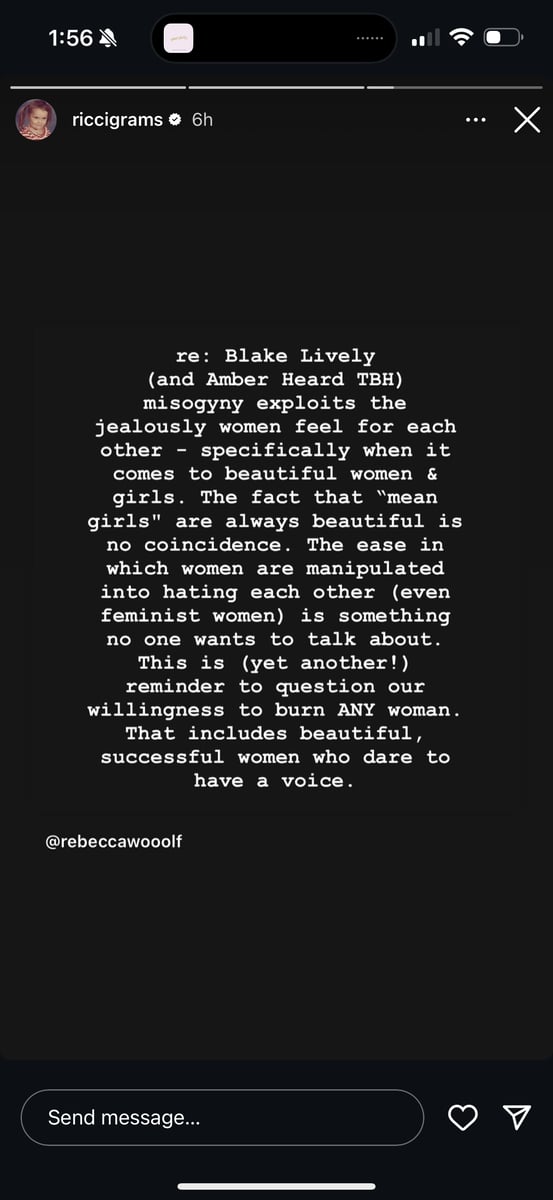 Christina Ricci supports Blake Lively via Instagram Story repost.