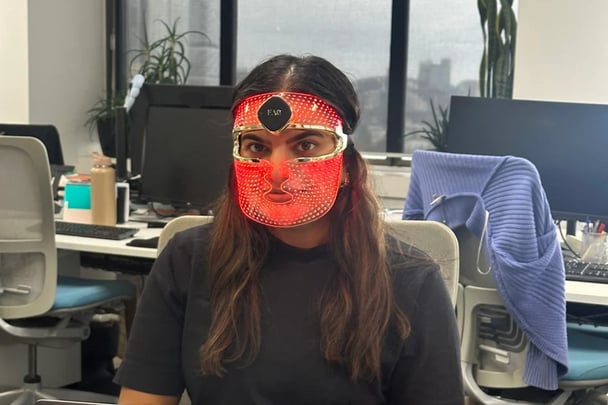 Me wearing the FAQ Swiss LED Face Mask in the office.