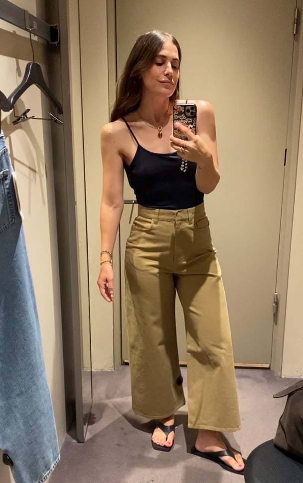 Khaki jeans are trending.