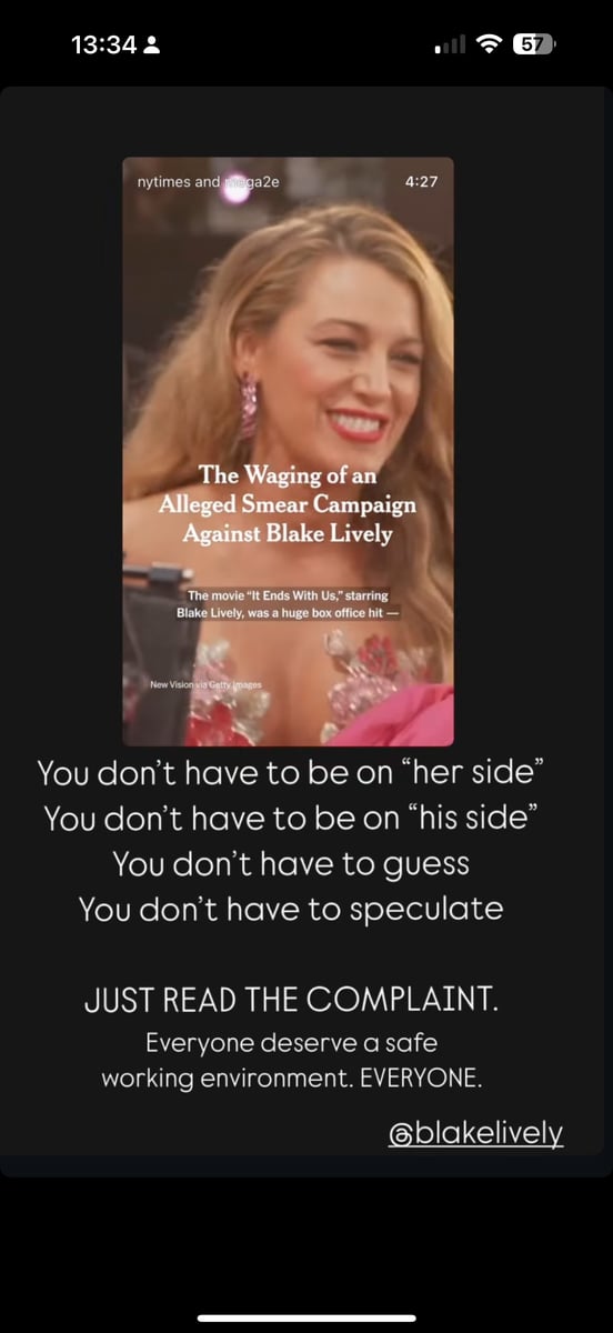 Screenshot of Don Saladino's Instagram story in support of Blake Lively.