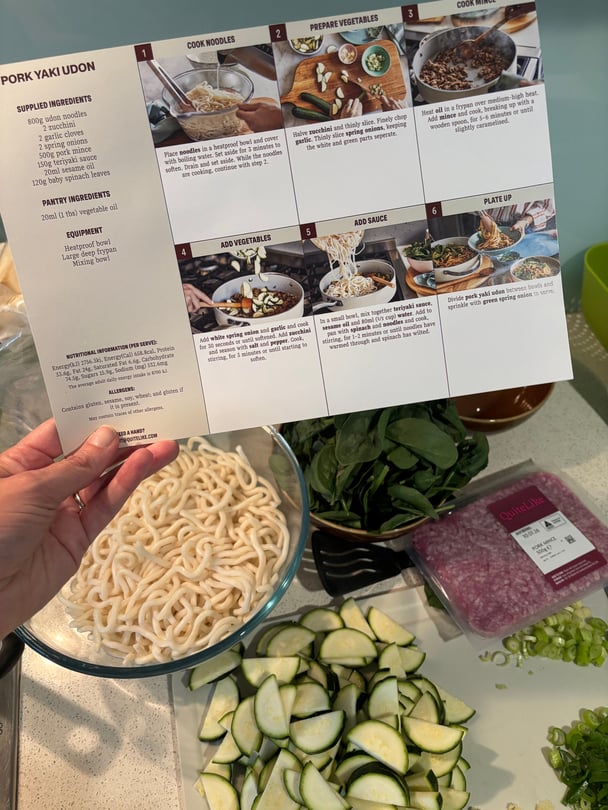 The ingredients of QuiteLike's Pork Yaki Udon laid out on a kitchen bench including udon noodles, chopped zucchini, packaged pork mince and lettuce.