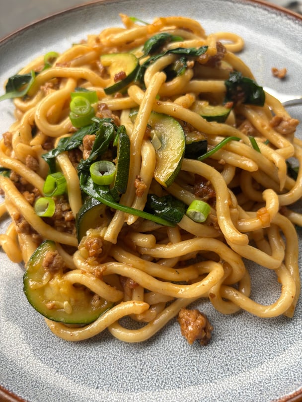 A plated QuiteLike recipe up close, Pork Yaki Udon.