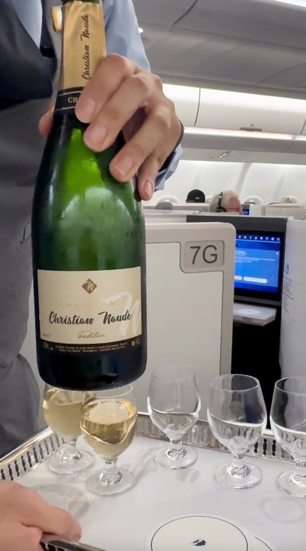 Champagne on a Malaysian Airlines business class flight.