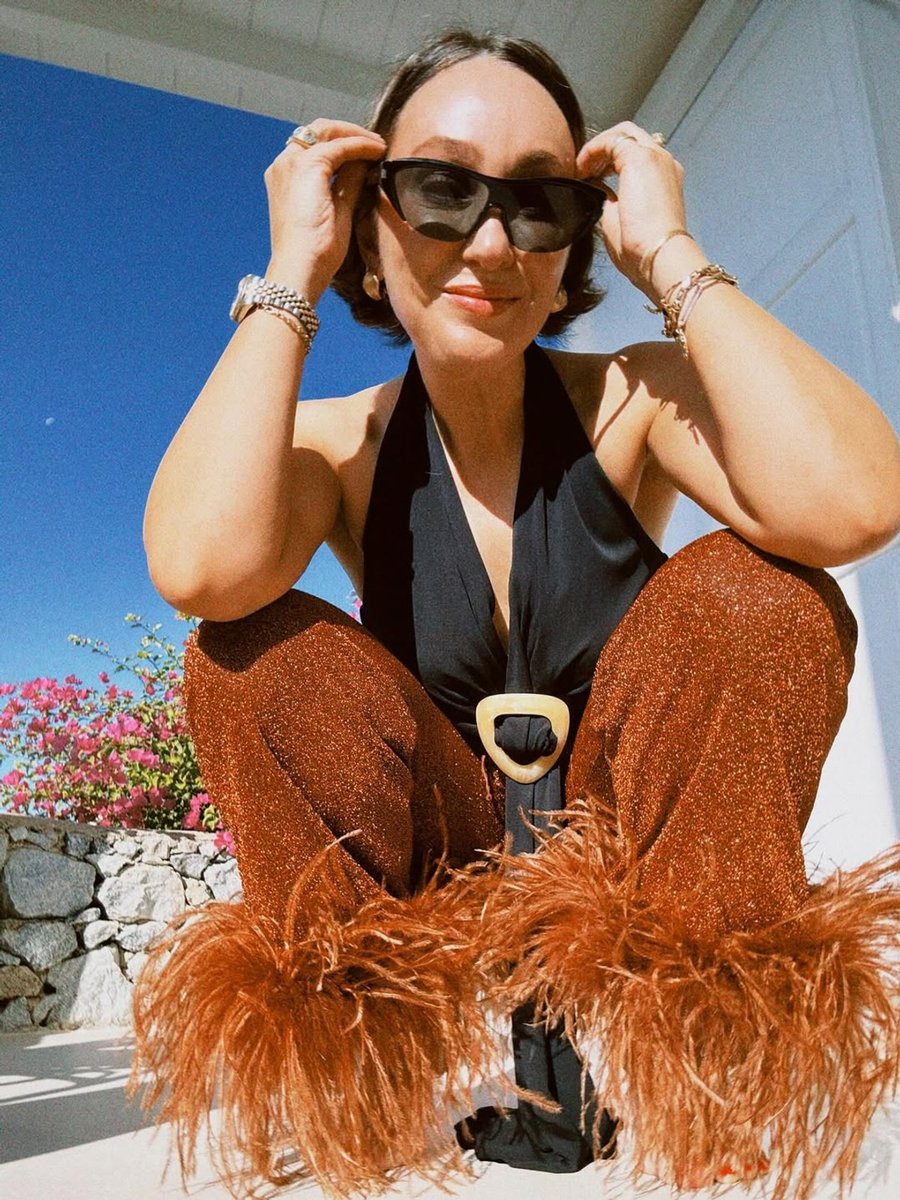 Zoe Foster Blake wears Oseree pants.