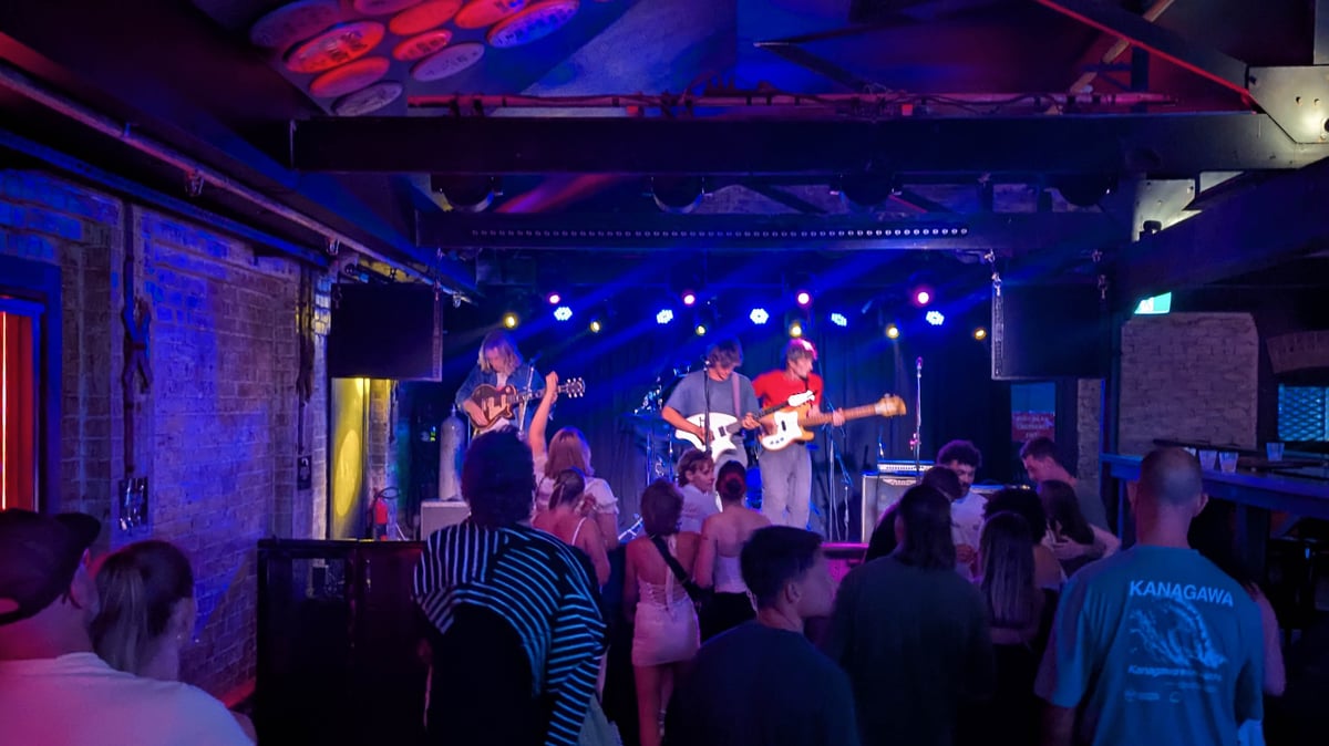 A band performs on stage. 