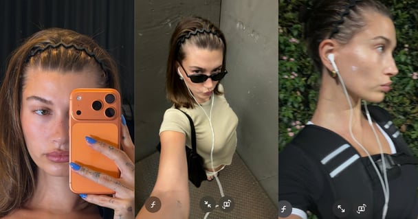 Hailey Bieber wears zigzag headbands.