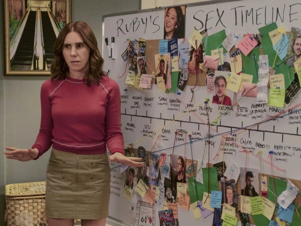 Zosia Mamet as AJ, standing in front of a white board that says 'Ruby's Sex Timeline.'