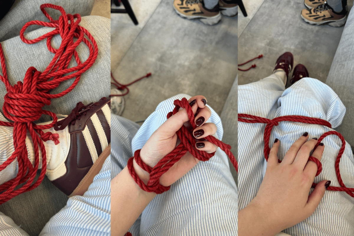 Three panels show hands holding red shibari rope. The first showws the rope being held, and the second and third show the rope tied in basic shibari knots.