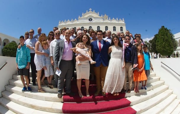 Mary Coustas christening of her daughter at the church in Tinos 