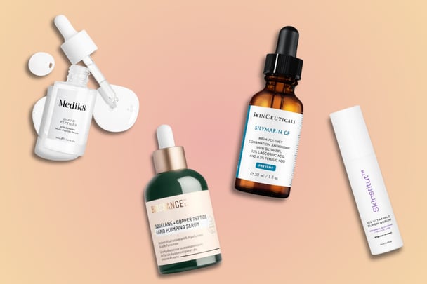 Medik8 Liquid Peptide Serum, Biossance Squalane + Copper Peptide Rapid Plumping Serum, Skinceuticals Silymarin CF Vit C Serum, and Skinstitute Vitamin C 10% Super Serum, best peptide serums australia