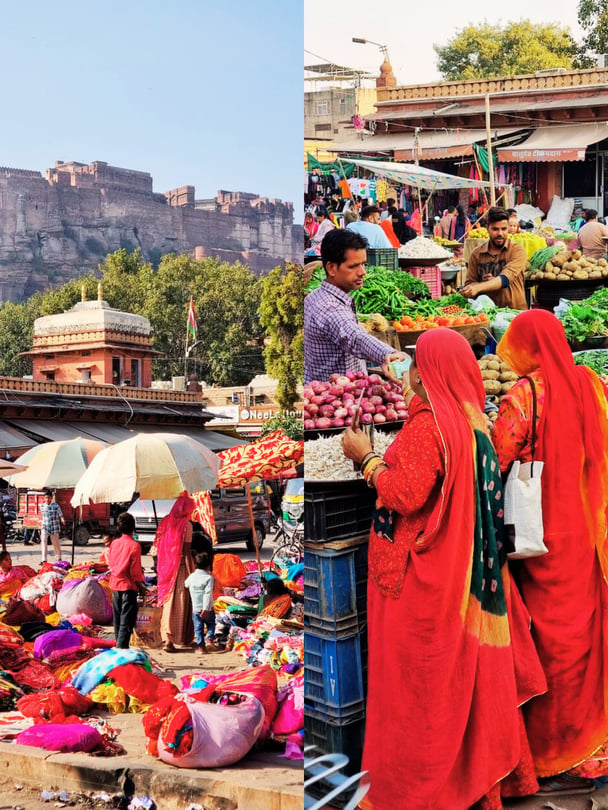 Bustling Sardar market scene in Jodhpur, India, with the massive Mehrangarh Fort in the background.