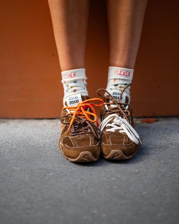 Miu Miu brown sneakers with multicoloured laces.
