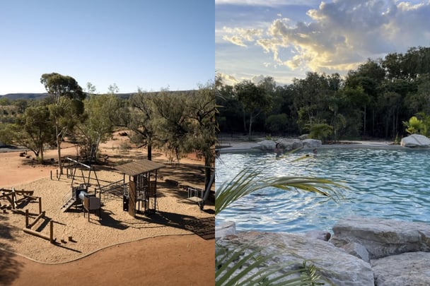 Kings Creek Station playground, Resort style pool in the outback at Litchfield Safari Camp NT
