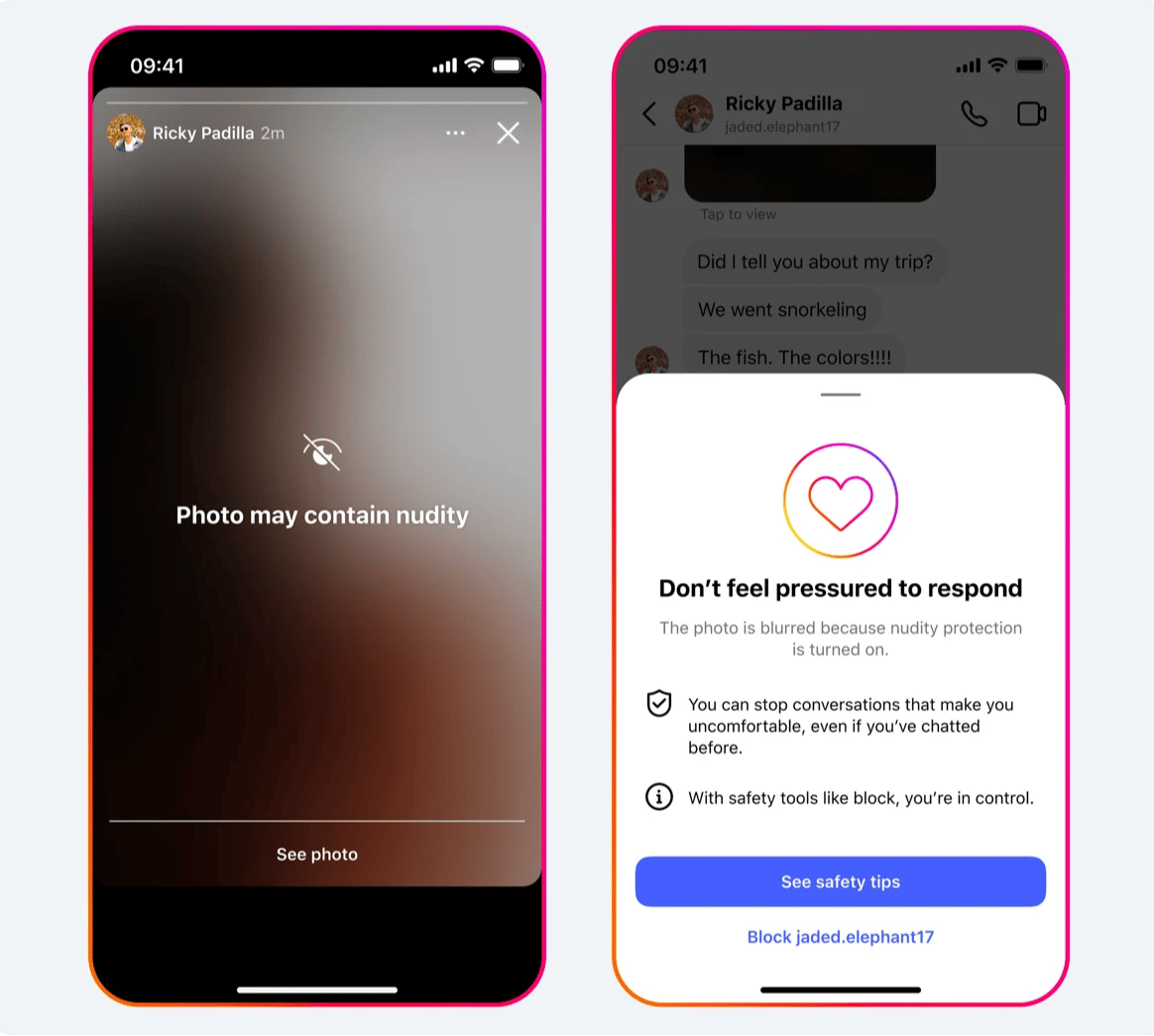 screen grabs of Instagram safety measures